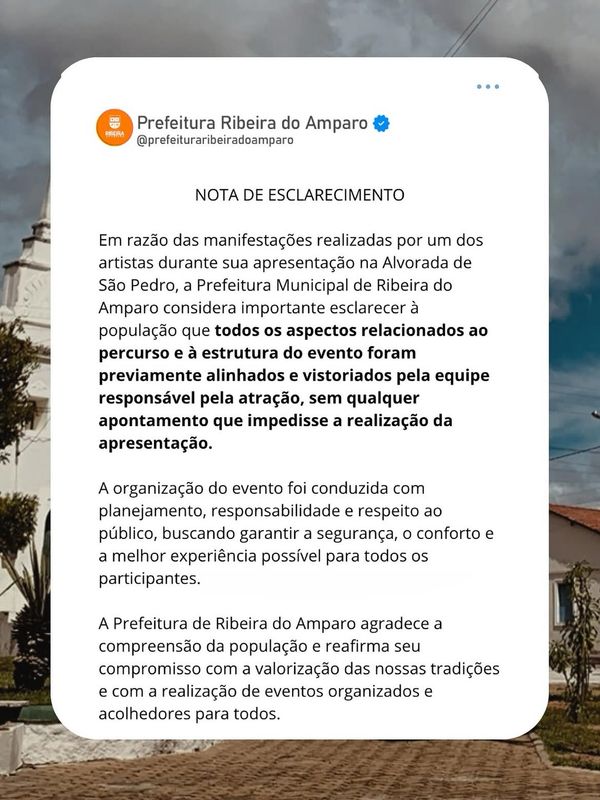 Nota da Prefeitura de  Ribeira do Amparo