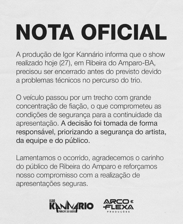 Nota De Esclarecimento Da Equipe De Igor Kann&aacute;rio Sobre O Cancelamento Do Show Em Ribeira Do Amparo)